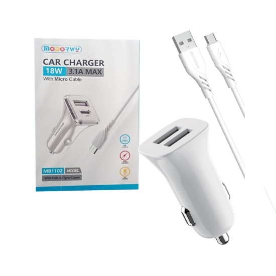 Carregador de Coche QC3,0+PD Modorwy MA1102 com Micro-USB cabo 5V 2,4A 18W Branco